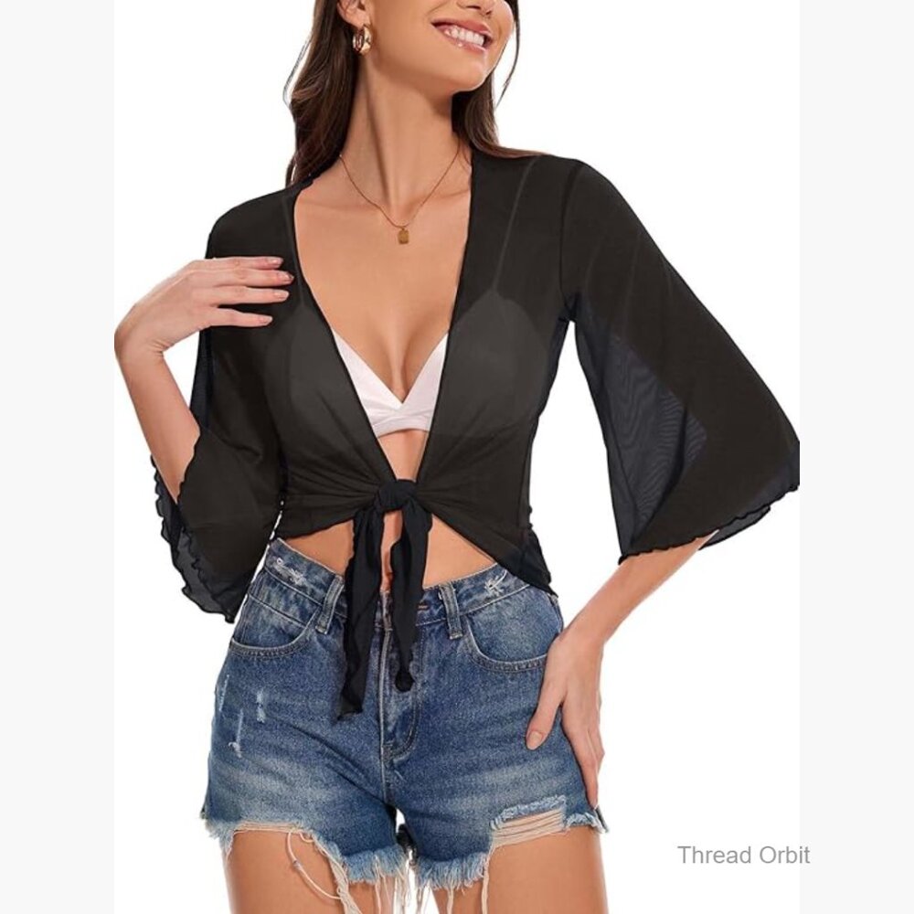 Large Sheer Mesh Shrug Cardigan Tie Front 3/4 Sleeve Bolero Cover Up
